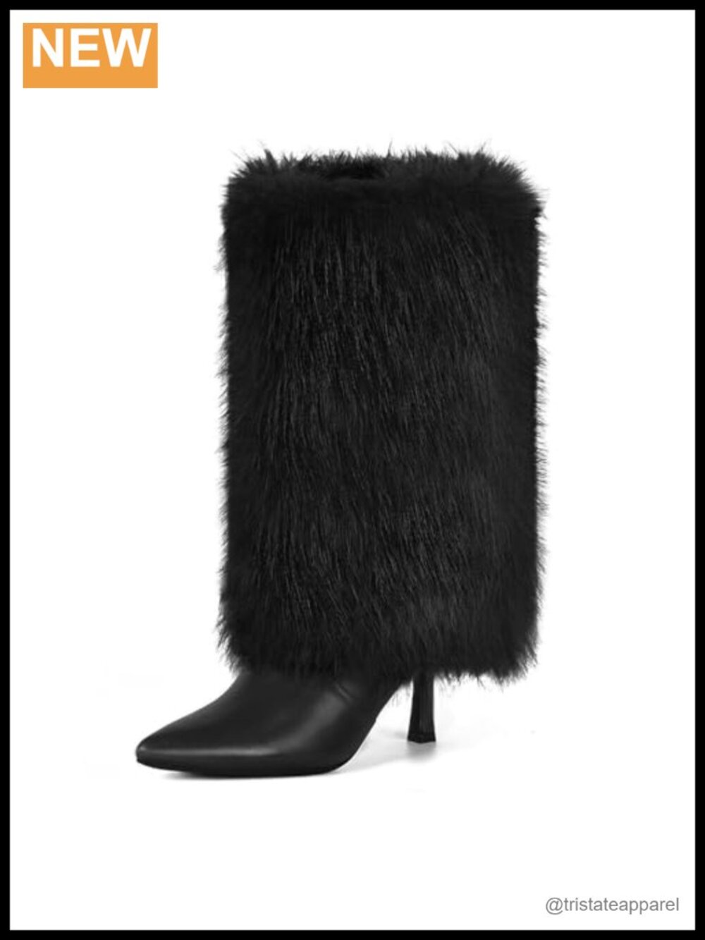 Faux Fur Fold Over Mid Calf Kitten Heel Boots Pointed Toe Side Zip Winter